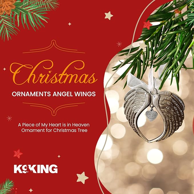 Christmas Ornaments Angel Wings - A Piece of My Heart is in Heaven Ornament for Christmas Tree - Double Sided Memorial Ornament for Loss of Loved One - Luxurious Silk Ribbon & Red Gift Bag - K9King