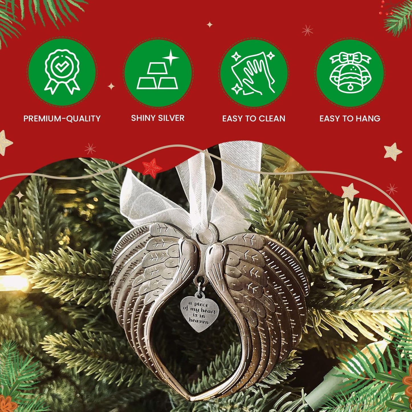 Christmas Ornaments Angel Wings - A Piece of My Heart is in Heaven Ornament for Christmas Tree - Double Sided Memorial Ornament for Loss of Loved One - Luxurious Silk Ribbon & Red Gift Bag - K9King