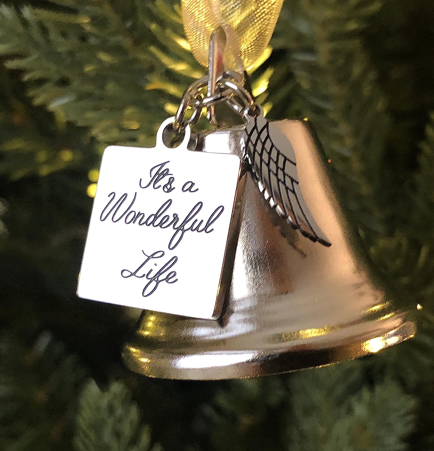 It's a Wonderful Life Inspired Christmas Angel Bell Ornament with Stainless Steel Angel Wing Charm. New Larger Size and Now Comes with 2 Interchangeable Ribbons. (Stainless Steel) - K9King