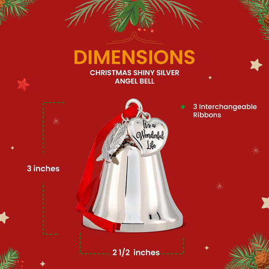 It's a Wonderful Life Inspired Christmas Angel Bell Ornament with Stainless Steel Angel Wing Charm. New Larger Size and Now Comes with 2 Interchangeable Ribbons. (Shiny Silver) - K9King
