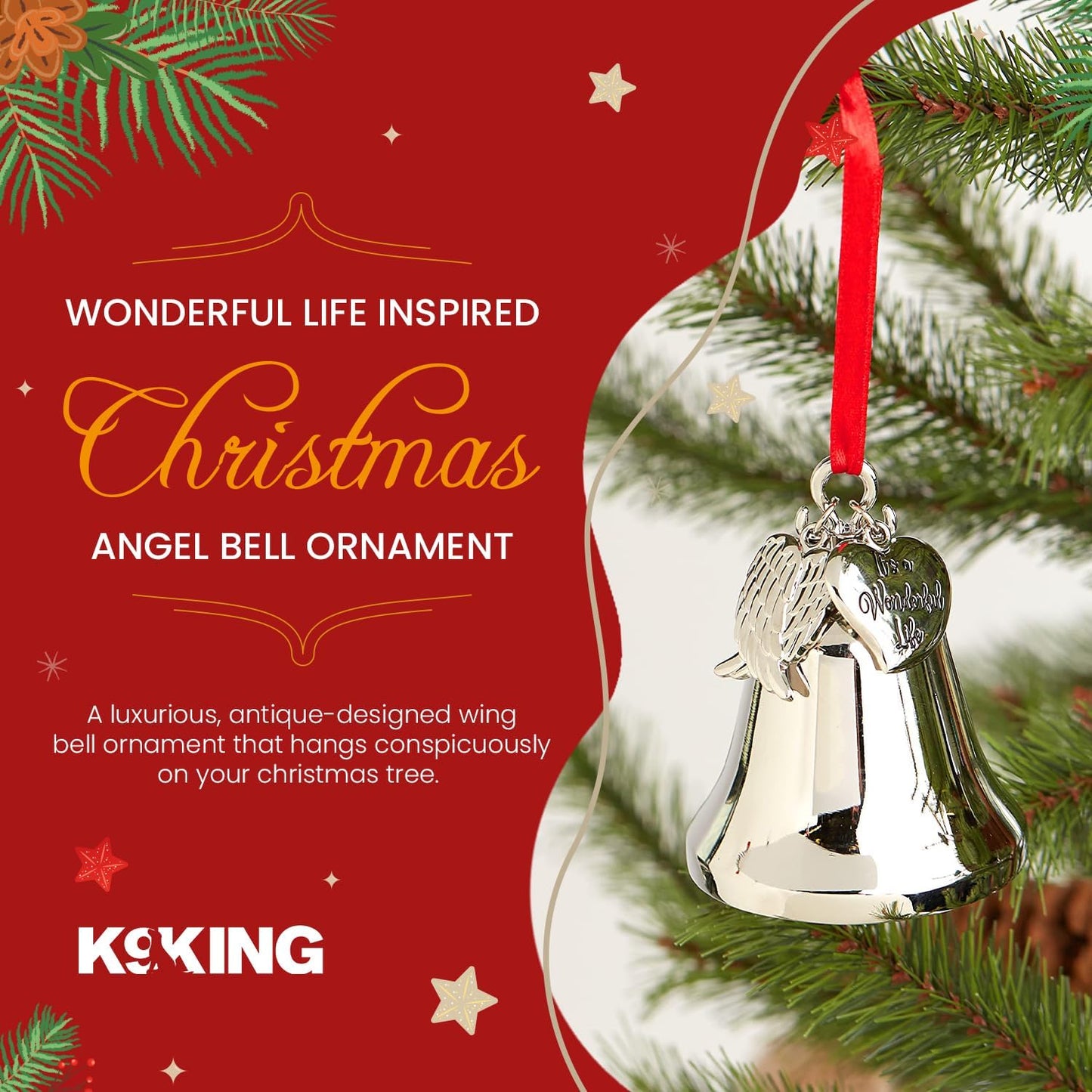 It's a Wonderful Life Inspired Christmas Angel Bell Ornament with Stainless Steel Angel Wing Charm. New Larger Size and Now Comes with 2 Interchangeable Ribbons. (Shiny Silver) - K9King