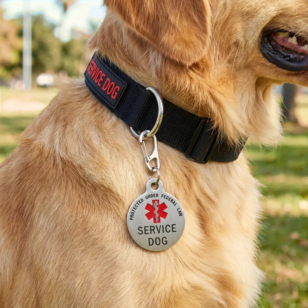 A service dog wearing a K9King identification tag