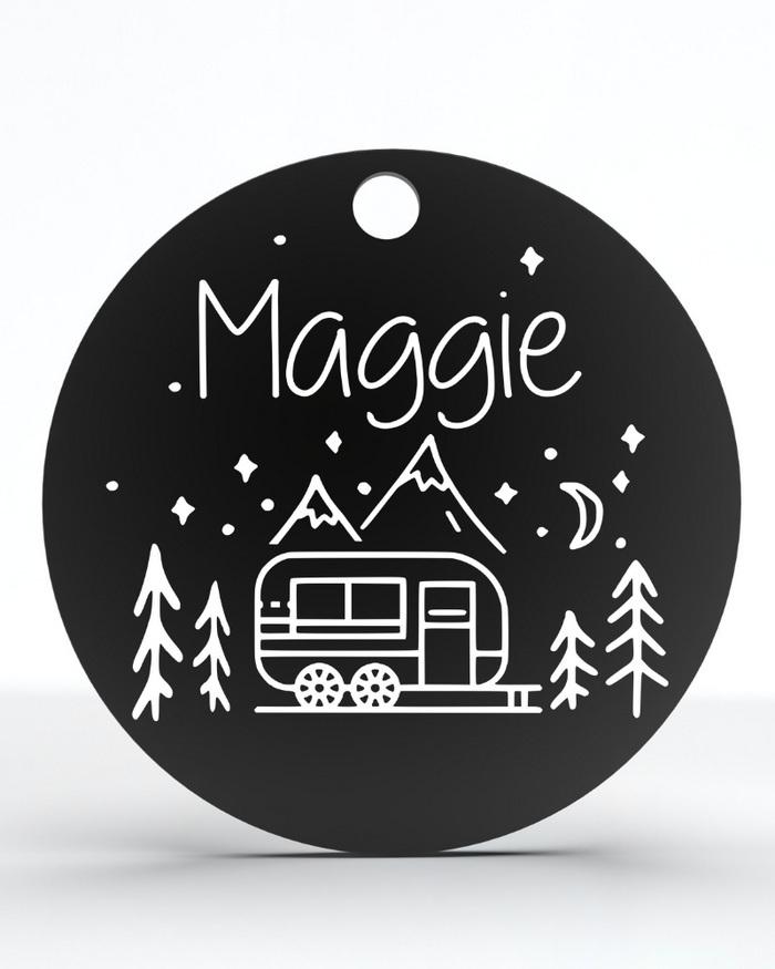 Personalized Dog Tag, Custom Pet ID Tags, Round Laser Engraved Tag with RV Mountain Camping Design