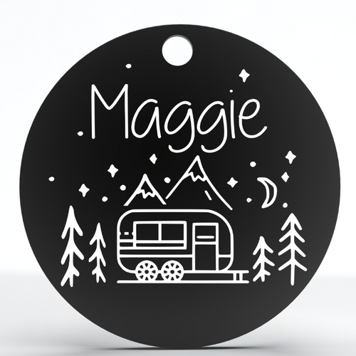 Personalized Dog Tag, Custom Pet ID Tags, Round Laser Engraved Tag with RV Mountain Camping Design - K9King