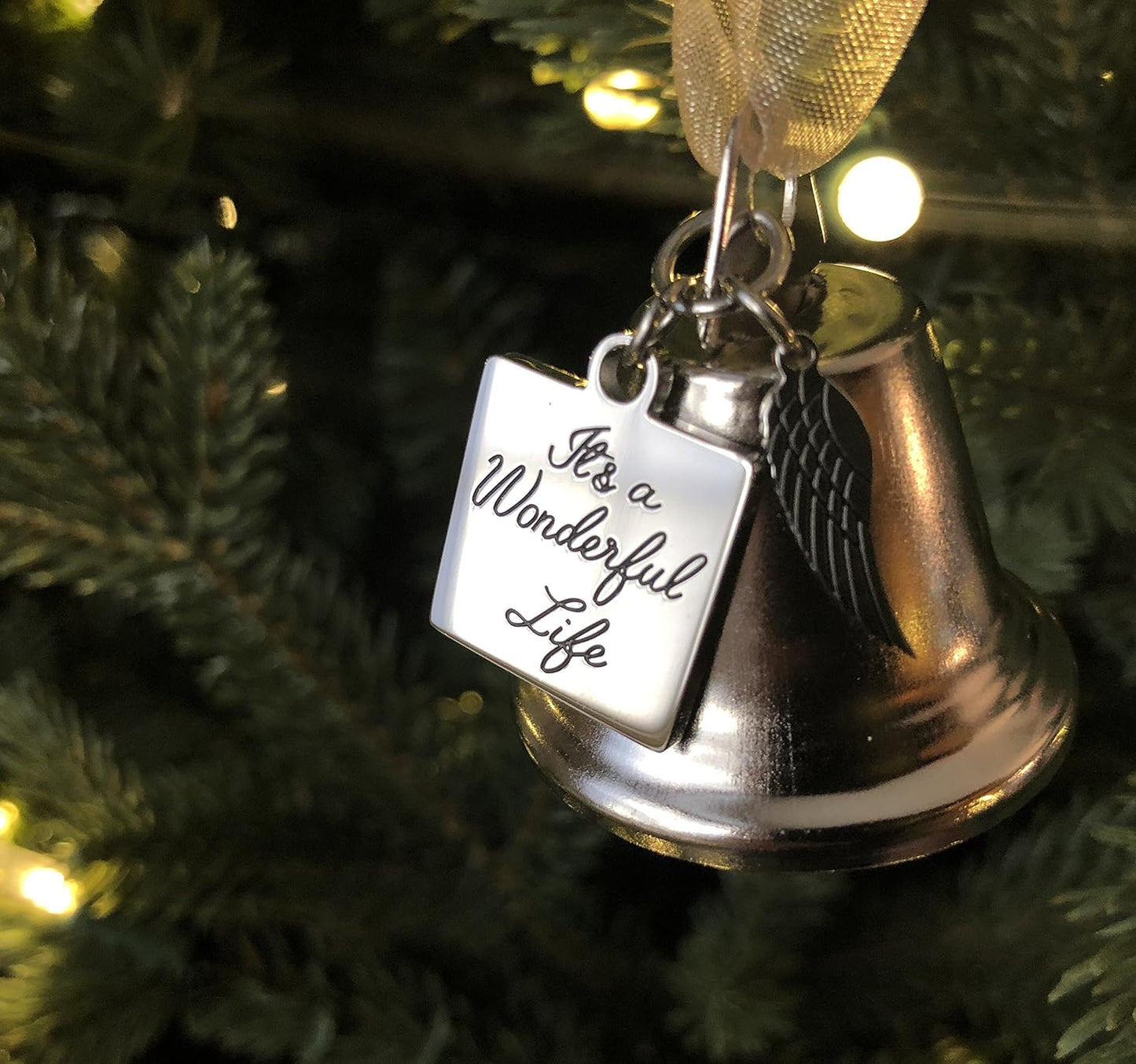 It's a Wonderful Life Inspired Christmas Angel Bell Ornament with Stainless Steel Angel Wing Charm. New Larger Size and Now Comes with 2 Interchangeable Ribbons. (Stainless Steel) - K9King