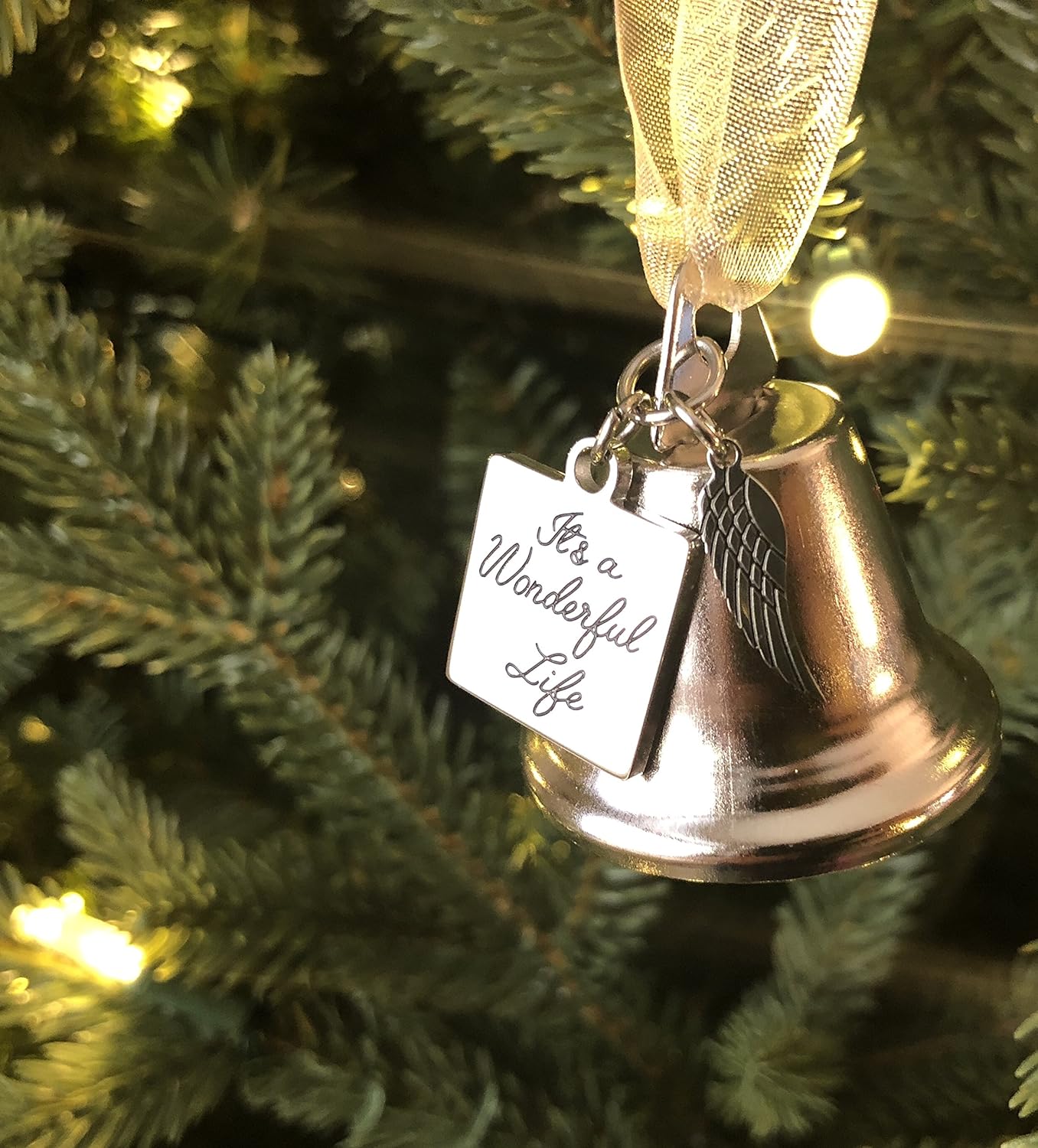 It's a Wonderful Life Inspired Christmas Angel Bell Ornament with Stainless Steel Angel Wing Charm. New Larger Size and Now Comes with 2 Interchangeable Ribbons. (Stainless Steel) - K9King