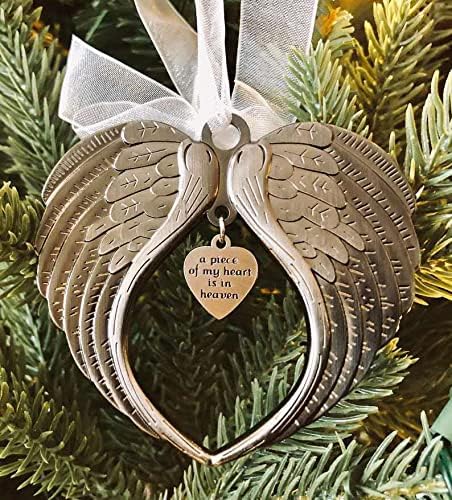 Christmas Ornaments Angel Wings - A Piece of My Heart is in Heaven Ornament for Christmas Tree - Double Sided Memorial Ornament for Loss of Loved One - Luxurious Silk Ribbon & Red Gift Bag - K9King