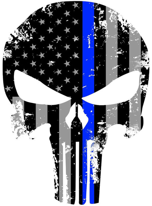 Punisher Thin Blue Line Police Decal 5.5 x 4 Inch Tattered Subdued Us Flag Reflective Bumper Sticker - K9King