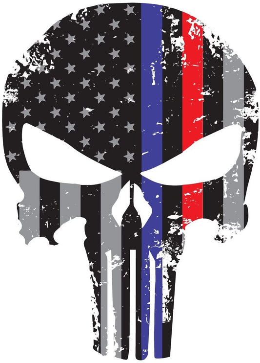 K9King Punisher Skull Tattered Subdued Us Flag Reflective Decal with Thin Blue and Red Line - K9King