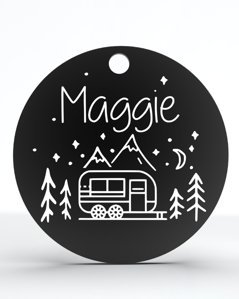 Personalized Dog Tag, Custom Pet ID Tags, Round Laser Engraved Tag with RV Mountain Camping Design