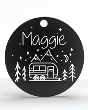 Personalized Dog Tag, Custom Pet ID Tags, Round Laser Engraved Tag with RV Mountain Camping Design - K9King